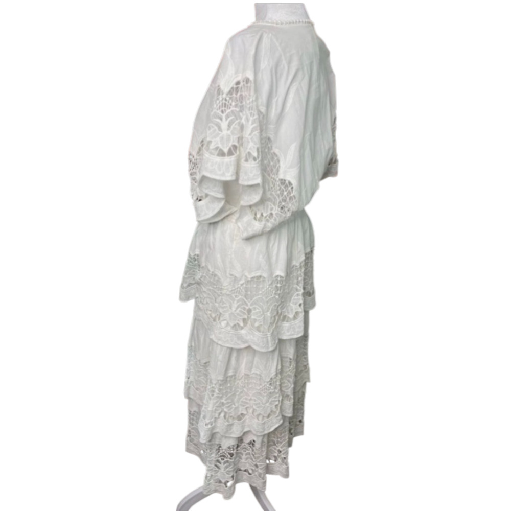 New! FARM Rio White Richelier Midi Dress Sz M Lace Embroidered Tiered Sz XS #58 - Picture 8 of 10